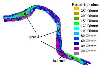 Horizontal resistivity section at 2 m below river bed level - diamond exploration on the Sankuru river, DRC Congo